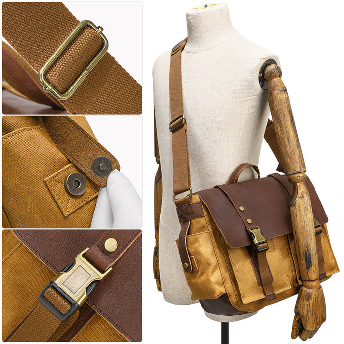 Cowhide Waxed Canvas Crossbody Shoulder Bag