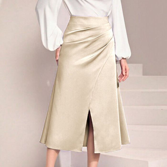 High Waist Satin Heap Pleated Split Dress