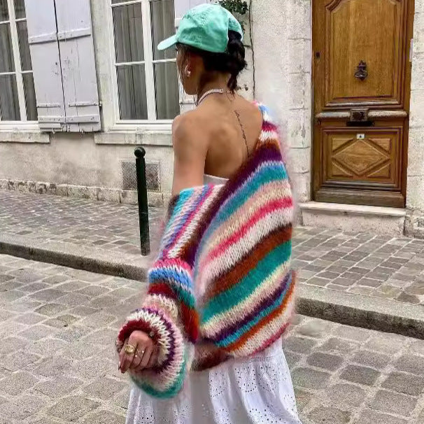 Rainbow Contrast Striped Knitted Cardigan Jacket