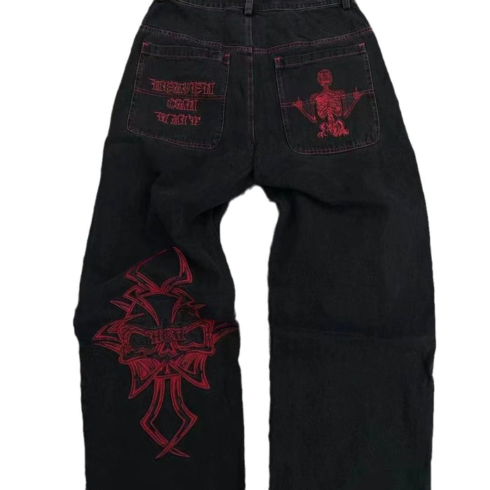 SKULL EMBROIDERY BAGGY JEANS