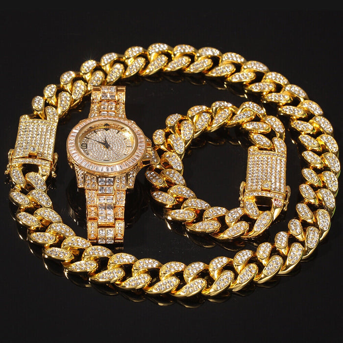 Cuban Chain & Bracelet Bundle + Free Iced Out Watches