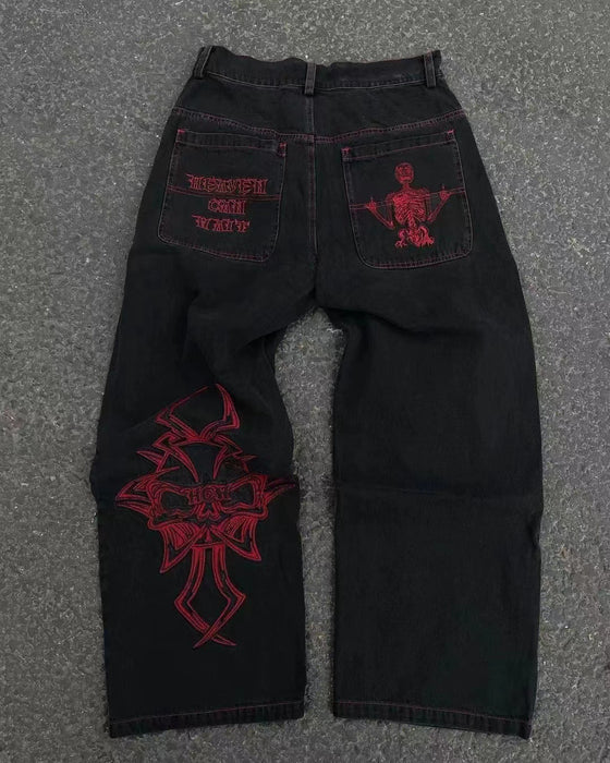 SKULL EMBROIDERY BAGGY JEANS