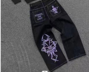 SKULL EMBROIDERY BAGGY JEANS