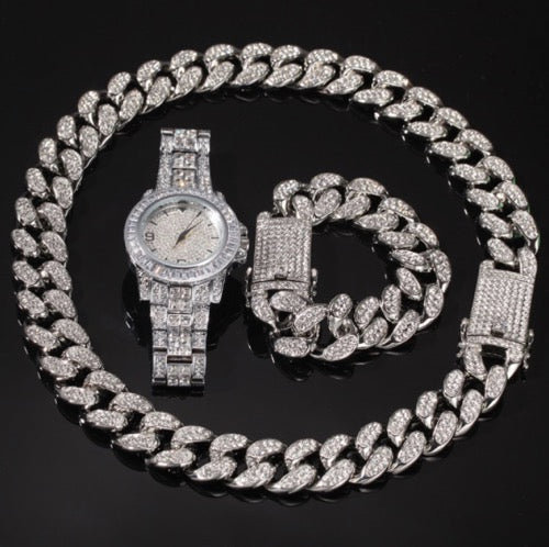 Cuban Chain & Bracelet Bundle + Free Iced Out Watches