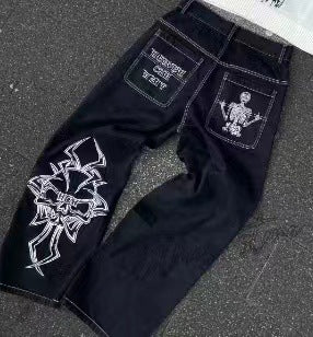 SKULL EMBROIDERY BAGGY JEANS