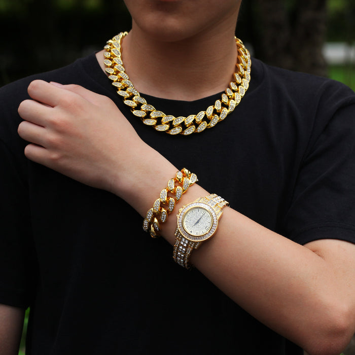 Cuban Chain & Bracelet Bundle + Free Iced Out Watches