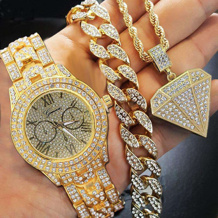 ICED CUBAN BRACELET + DIAMOND NECKLACE + WATCH BUNDLE