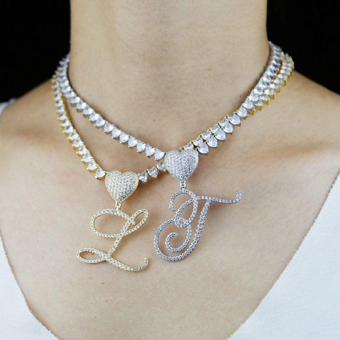 Iced Cursive Heart Initial Pendant Tennis Necklace